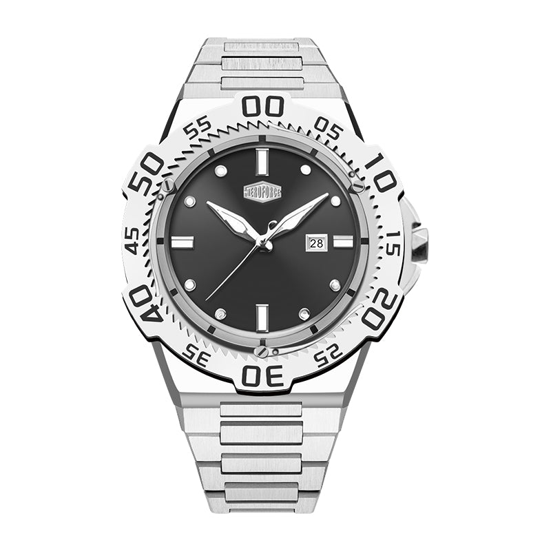 black dial, silver bezel, steel watch