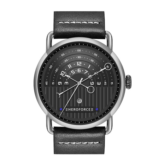 black dial, silver case