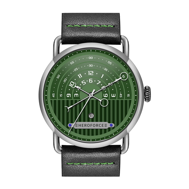 green dial, silver case
