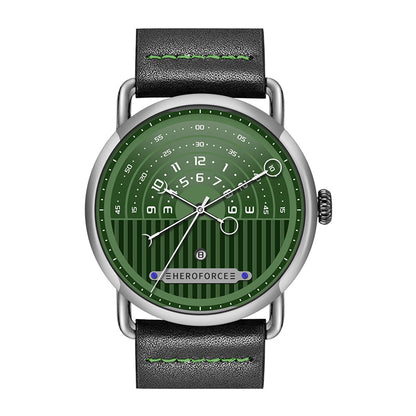 green dial, silver case