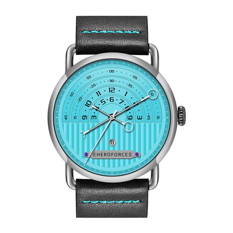 light blue dial, silver case