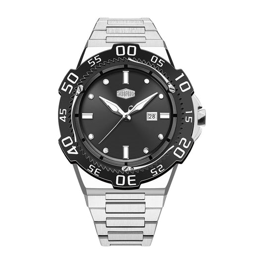 black dial, black bezel, steel watch