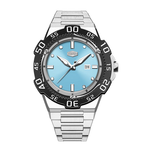 blue dial, black bezel, steel watch