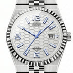 A HEROFORCE Sapphire watch with a silver-tone stainless steel case, a textured white dial with blue hands and markers, and a fluted bezel.