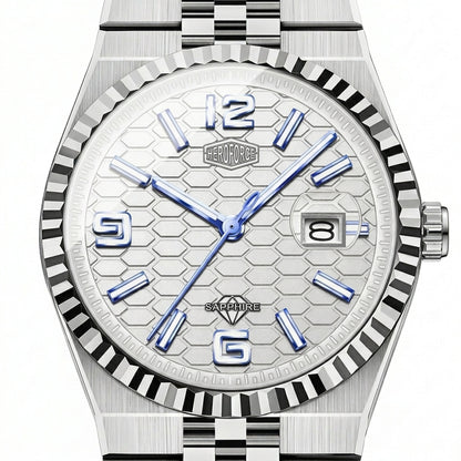 A HEROFORCE Sapphire watch with a silver-tone stainless steel case, a textured white dial with blue hands and markers, and a fluted bezel.
