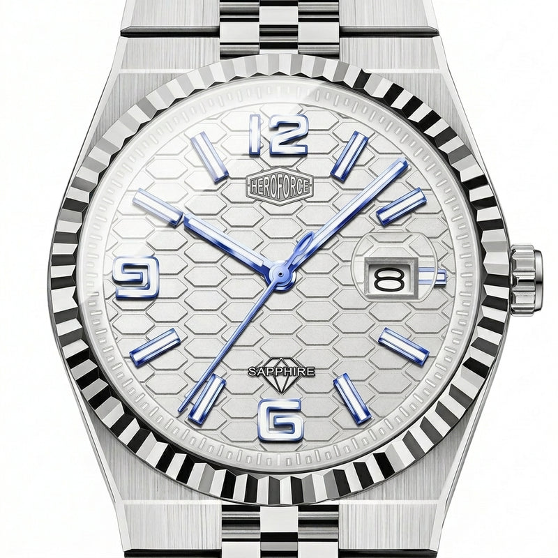 A HEROFORCE Sapphire watch with a silver-tone stainless steel case, a textured white dial with blue hands and markers, and a fluted bezel.