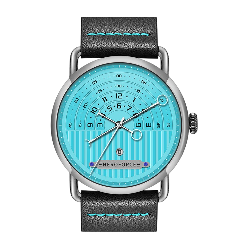 blue dial, black leather strap