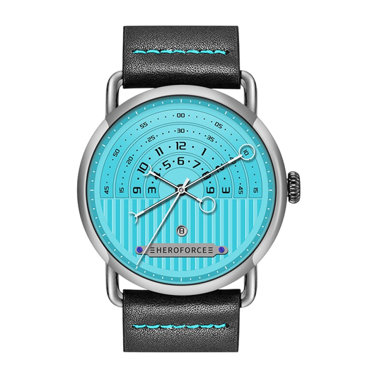 blue dial, black leather strap