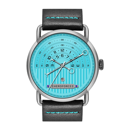 blue dial, black leather strap