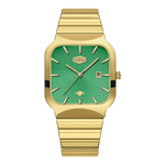 A HEROFOCE men's watch featuring a gold-tone metal case and link bracelet with a vibrant green dial, gold-tone hour markers and hands, and a date window at the 3 o'clock position.