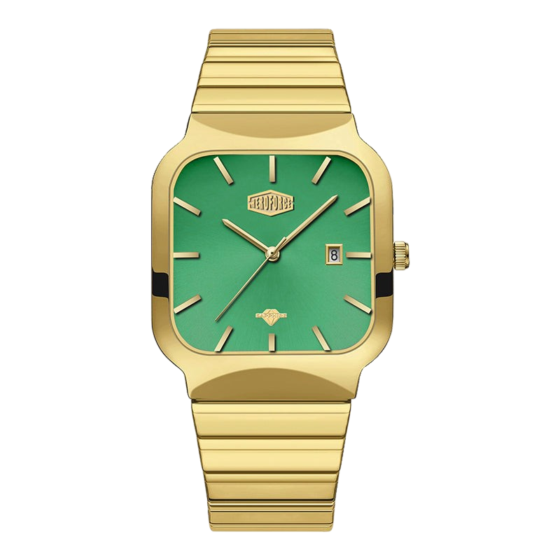 A HEROFOCE men's watch featuring a gold-tone metal case and link bracelet with a vibrant green dial, gold-tone hour markers and hands, and a date window at the 3 o'clock position.