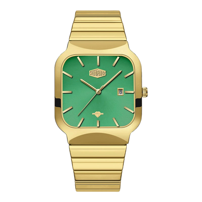 A HEROFOCE men's watch featuring a gold-tone metal case and link bracelet with a vibrant green dial, gold-tone hour markers and hands, and a date window at the 3 o'clock position.