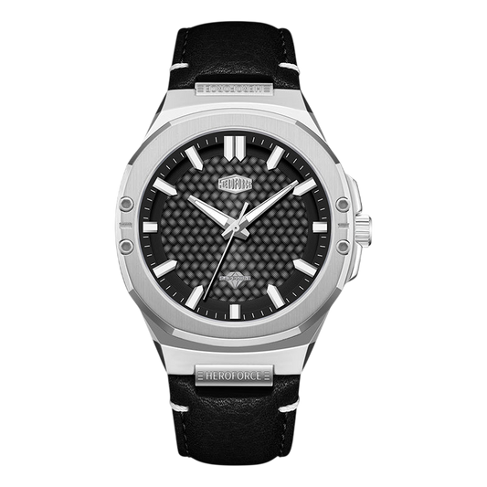 A HEROFORCE watch with a silver-tone stainless steel case, a black carbon-fiber-textured dial, and a black leather strap with white stitching.