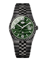 A Heroforce watch with a distinctive green wave-pattern dial and a black-and-silver checkered metal bracelet, shown against a plain white background.