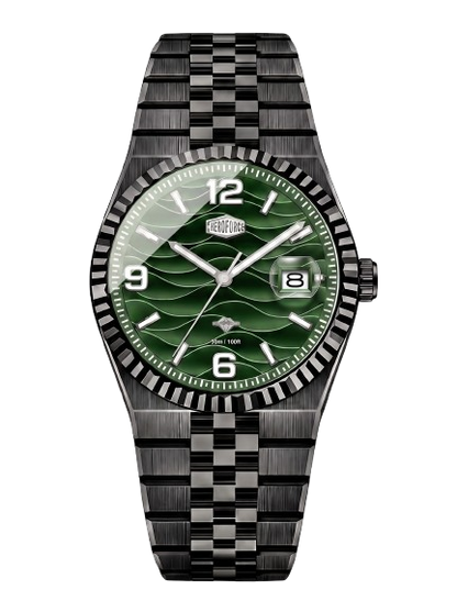 A Heroforce watch with a distinctive green wave-pattern dial and a black-and-silver checkered metal bracelet, shown against a plain white background.