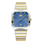 A HEROFORCE wristwatch with a silver and gold striped metal bracelet, a silver-toned case, and a blue dial with gold accents.