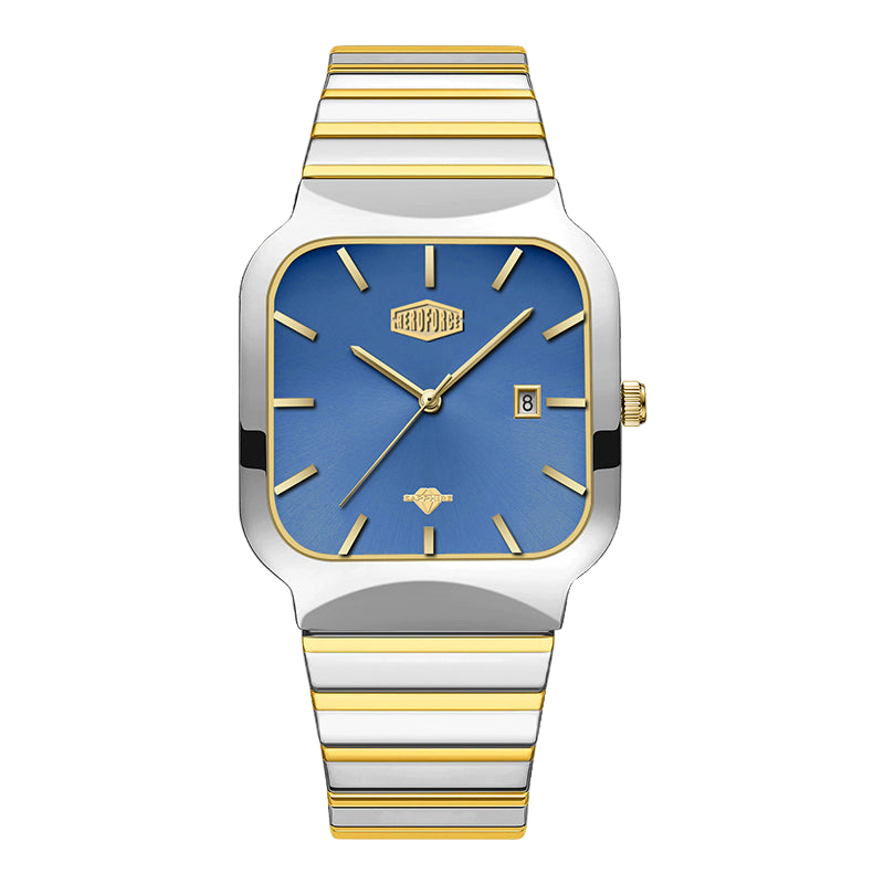 A HEROFORCE wristwatch with a silver and gold striped metal bracelet, a silver-toned case, and a blue dial with gold accents.