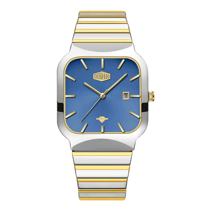A HEROFORCE wristwatch with a silver and gold striped metal bracelet, a silver-toned case, and a blue dial with gold accents.