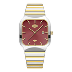 A HEROFORCE wristwatch with a silver and gold two-tone metal bracelet, a square bezel, and a deep burgundy dial with gold-tone markers and hands.
