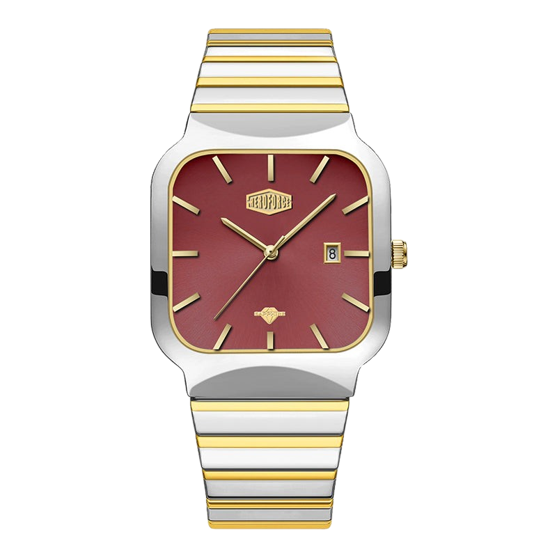 A HEROFORCE wristwatch with a silver and gold two-tone metal bracelet, a square bezel, and a deep burgundy dial with gold-tone markers and hands.