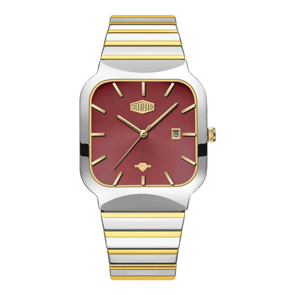 A HEROFORCE wristwatch with a silver and gold two-tone metal bracelet, a square bezel, and a deep burgundy dial with gold-tone markers and hands.
