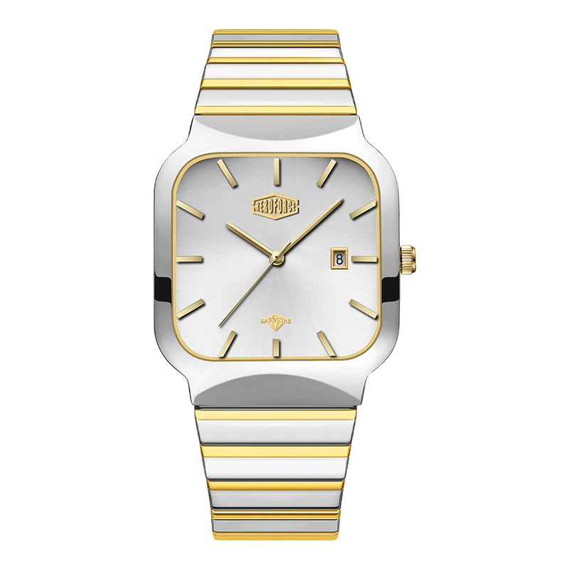 A HEROFORCE wristwatch with a silver-toned stainless steel case and a two-tone silver and gold striped metal bracelet, featuring a white dial with gold accents.