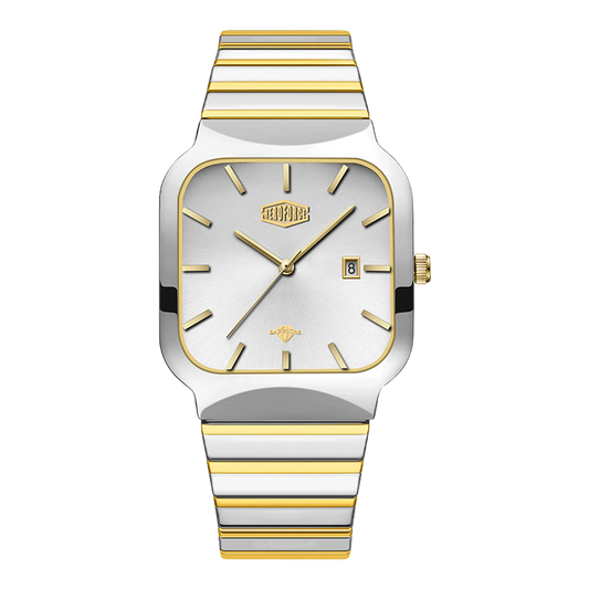 A HEROFORCE wristwatch with a silver-toned stainless steel case and a two-tone silver and gold striped metal bracelet, featuring a white dial with gold accents.