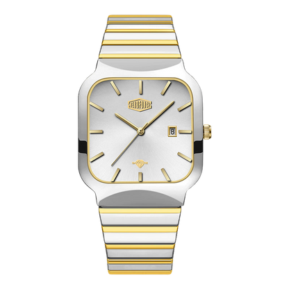 A HEROFORCE wristwatch with a silver-toned stainless steel case and a two-tone silver and gold striped metal bracelet, featuring a white dial with gold accents.