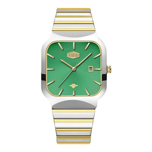 A HEROFORCE wristwatch with a square green dial, gold-tone hands and markers, and a silver and gold striped metal bracelet, shown against a plain white background.