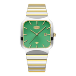 A HEROFORCE wristwatch with a square green dial, gold-tone hands and markers, and a silver and gold striped metal bracelet, shown against a plain white background.
