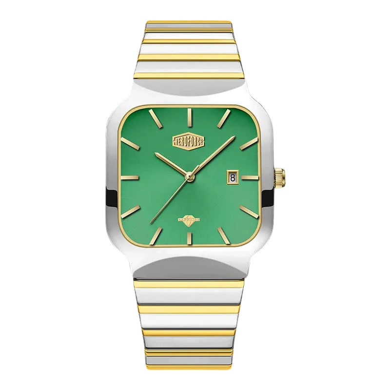 A HEROFORCE wristwatch with a square green dial, gold-tone hands and markers, and a silver and gold striped metal bracelet, shown against a plain white background.