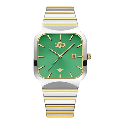A HEROFORCE wristwatch with a square green dial, gold-tone hands and markers, and a silver and gold striped metal bracelet, shown against a plain white background.