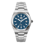 A HeroForce wristwatch with a silver stainless steel case and integrated bracelet, featuring a textured blue dial with silver indices and a date window.