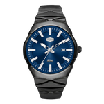 A HeroForce watch with a dark gunmetal black ceramic case and integrated bracelet, featuring a deep blue dial with silver-tone hands and markers.