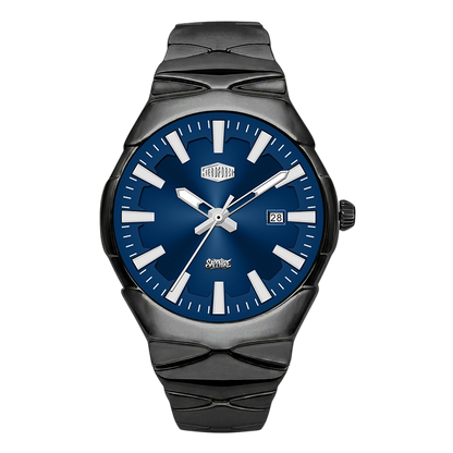 A HeroForce watch with a dark gunmetal black ceramic case and integrated bracelet, featuring a deep blue dial with silver-tone hands and markers.
