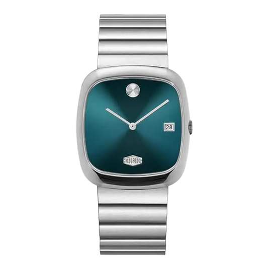 A HeroForce watch with a silver-toned metal case and link bracelet, featuring a dark teal-green square dial with the signature dot at 12 o'clock and a day-date window at 3 o'clock.