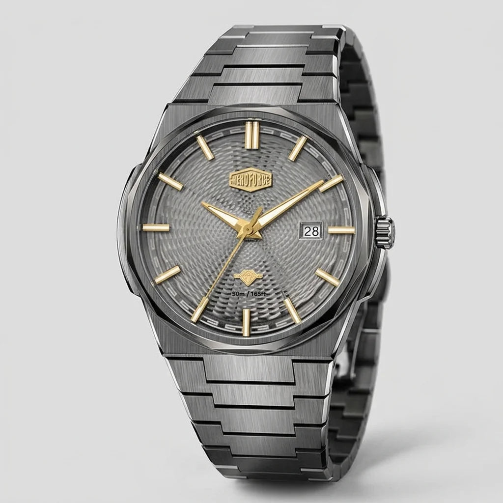 A HeroForce wristwatch with a dark gray textured dial, gold-tone hands and markers, and a brushed stainless steel link bracelet, shown on a light gray background.