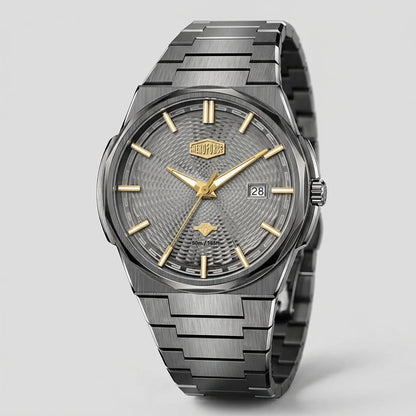 A HeroForce wristwatch with a dark gray textured dial, gold-tone hands and markers, and a brushed stainless steel link bracelet, shown on a light gray background.
