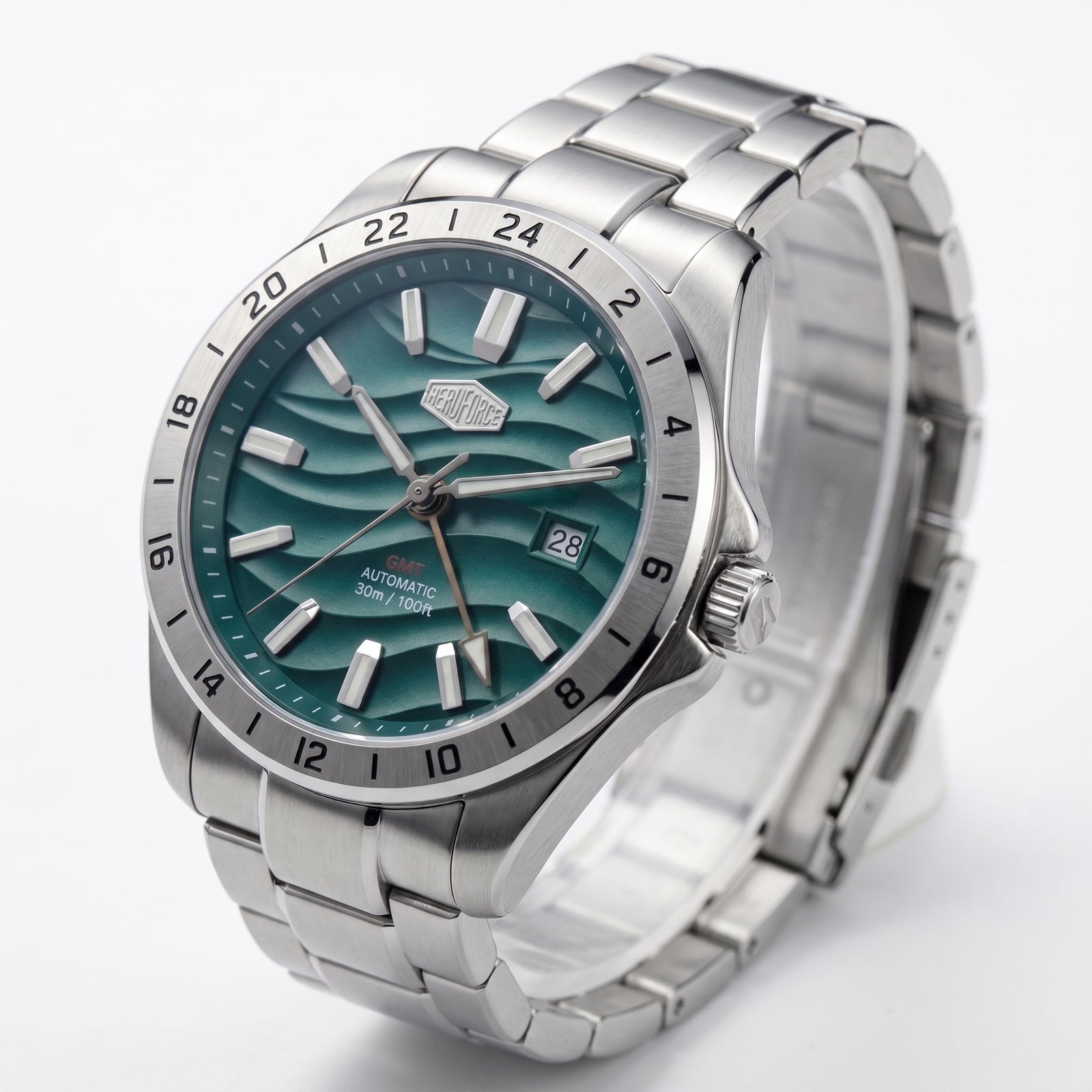 A HeroForce wristwatch with a silver stainless steel bracelet and case, featuring a distinctive teal-green wave-pattern dial with silver indices and an orange second hand.