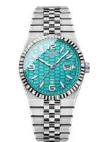 A HeroForce wristwatch with a silver stainless steel case and link bracelet, featuring a vibrant turquoise blue honeycomb-patterned dial.