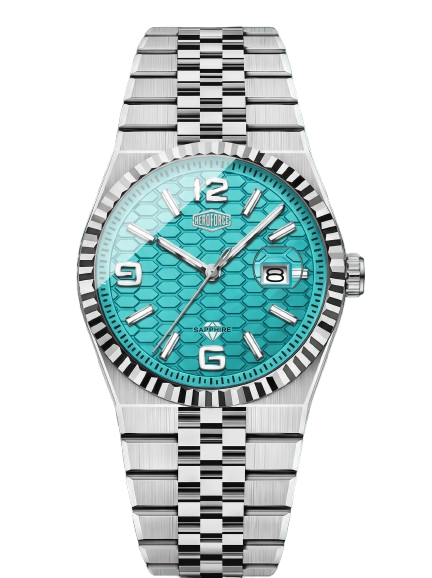 A HeroForce wristwatch with a silver stainless steel case and link bracelet, featuring a vibrant turquoise blue honeycomb-patterned dial.