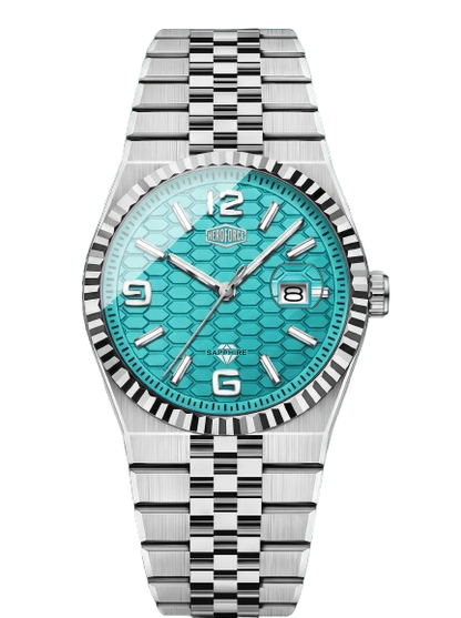 A HeroForce wristwatch with a silver stainless steel case and link bracelet, featuring a vibrant turquoise blue honeycomb-patterned dial.