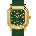 A HeroForce wristwatch with an octagonal gold-tone case, a textured green dial, and a matching green textured strap, shown against a plain white background.