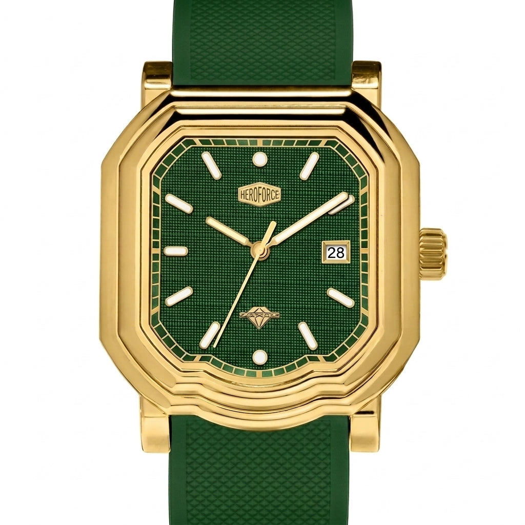 A HeroForce wristwatch with an octagonal gold-tone case, a textured green dial, and a matching green textured strap, shown against a plain white background.