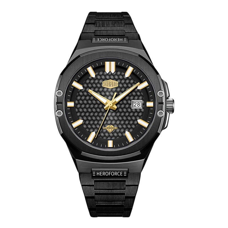 A Heroforce men's analog watch with a black textured dial, gold-tone hands and markers, and a black link bracelet, shown against a plain white background.