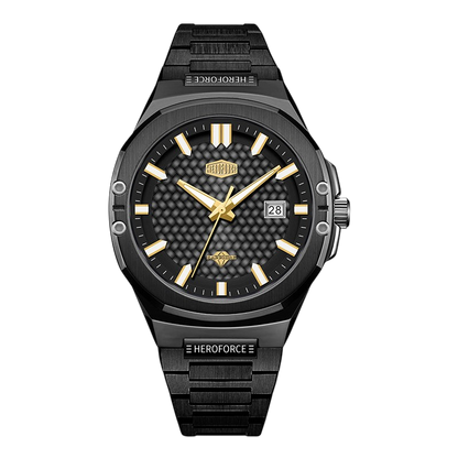 A Heroforce men's analog watch with a black textured dial, gold-tone hands and markers, and a black link bracelet, shown against a plain white background.