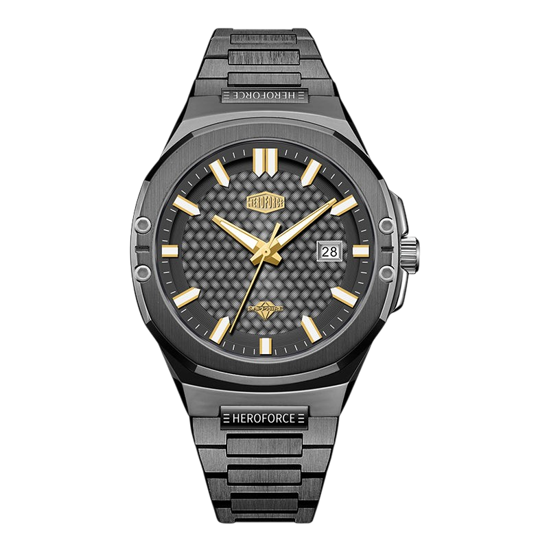 A Heroforce men's analog watch with a dark gray and black textured dial, gold-tone hands and markers, and a matching dark gray metal link bracelet, shown against a plain white background.