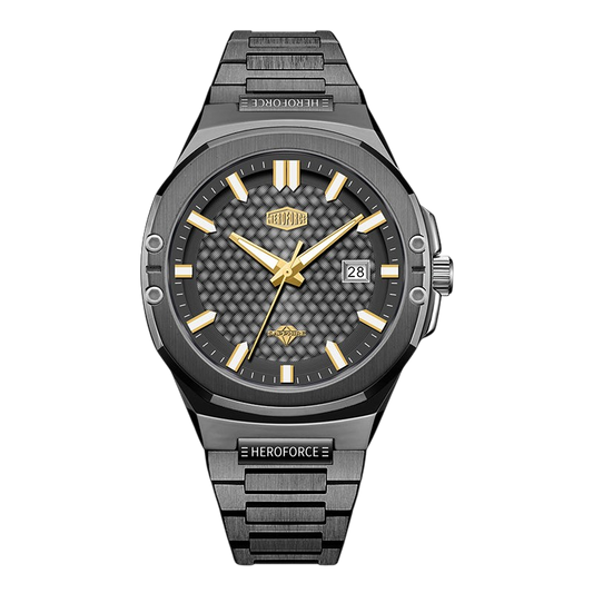 A Heroforce men's analog watch with a dark gray and black textured dial, gold-tone hands and markers, and a matching dark gray metal link bracelet, shown against a plain white background.