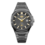 A Heroforce men's analog watch with a dark gray and black textured dial, gold-tone hands and markers, and a matching dark gray metal link bracelet, shown against a plain white background.
