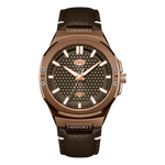 A Heroforce men's analog watch featuring a bronze-toned case, a textured dark brown dial, and a dark brown leather strap 